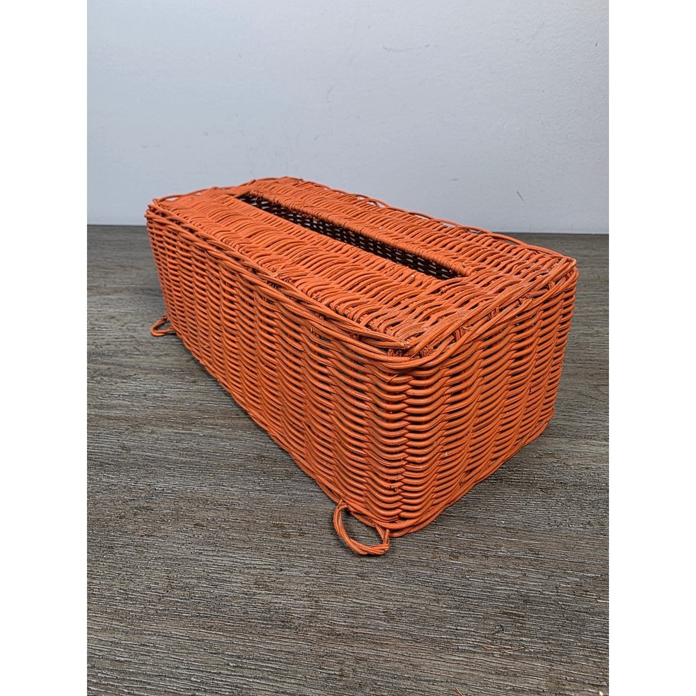 Vintage Woven Rattan Wicker Tissue Box Cover Rectangular Orange Rust Boho Decor